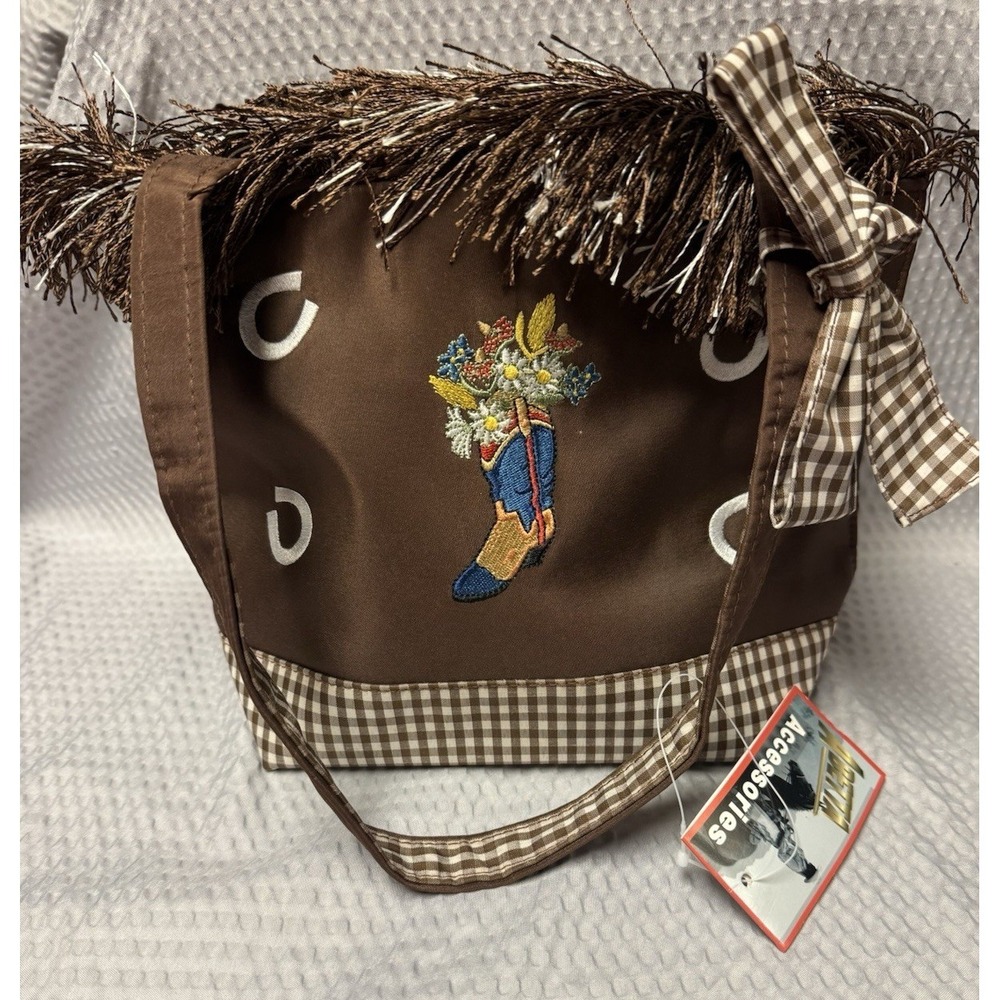 Abetta Accessories Western Fringe Tote Brown Gingham Cowboy Boot Floral‎ NWT Bag